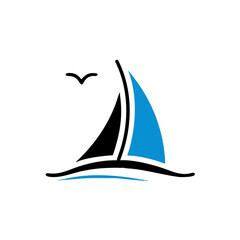 blue Sailing boat logo icon abstract vector template. Sailboat on the waves. Vector illustration