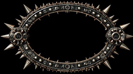 Fototapeta premium Oval spiked frame with runes & rivets, black background