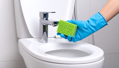 Cleaning toilet bowl with sponge