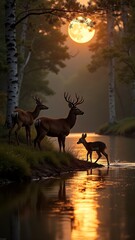 Deer family by river at sunset