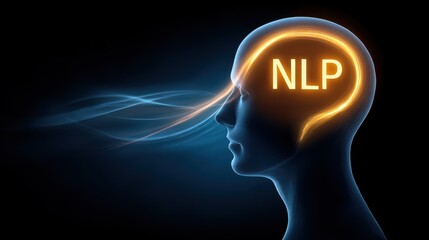 Natural language processing and law of attraction concept. A glowing human head with the word "NLP," waves streaming in to represent information flow.