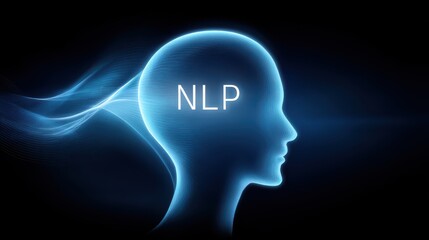 Natural language processing and law of attraction concept. A glowing human head with the word "NLP," waves streaming in to represent information flow.
