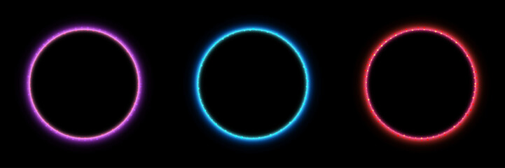 Set of abstract technology digital neon glow circles luminous background vibrant sphere texture modern sci fi cyber gradient