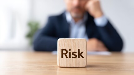 An investor who does not know how to manage money or risk management concept. Risk control. A wooden cube with the word "Risk" and a stressed, pressured investor.