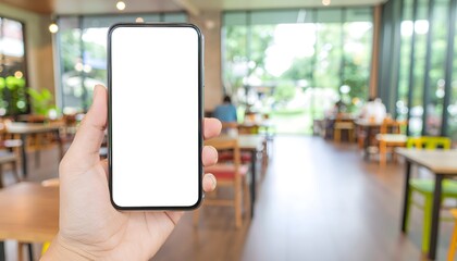 Hand holding a smartphone with a blank screen in a vibrant, softly blurred cafe interior, perfect for showcasing mobile app interfaces or digital content
