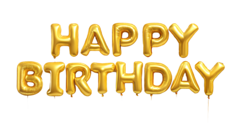 Shiny gold foil balloons forming the words happy birthday isolated on transparent background for celebration and party decor