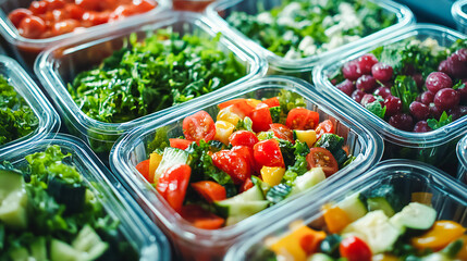 Obraz premium Top view of a close-up of several healthy vegetable salad lunch boxes packaged in plastic. Diet Take away food