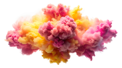 Vibrant explosion of pink and yellow smoke and powder creating a dynamic abstract cloud formation isolated on transparent background