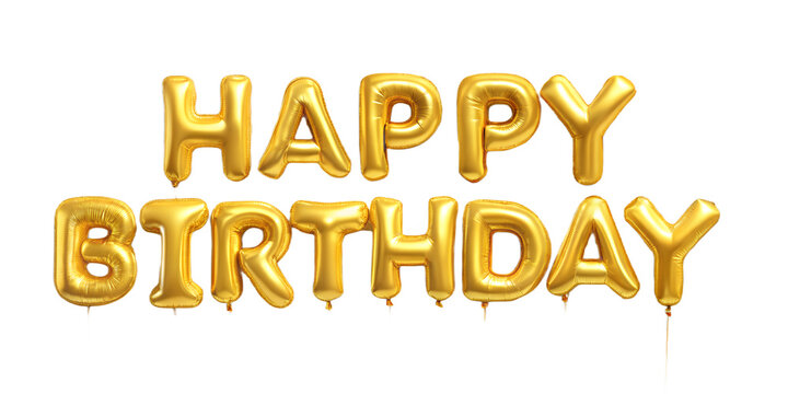 Shiny gold foil balloons forming the words happy birthday isolated on transparent background for celebration and party decor