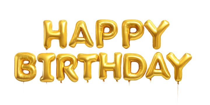Shiny gold foil balloons forming the words happy birthday isolated on transparent background for celebration and party decor