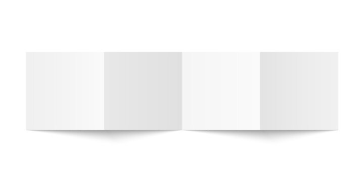 Vector white blank square four panel accordion fold opened on white background. Concertina fold, leaflet, brochure, booklet, flyer or invitation card mockup. Mock up back side isolated.