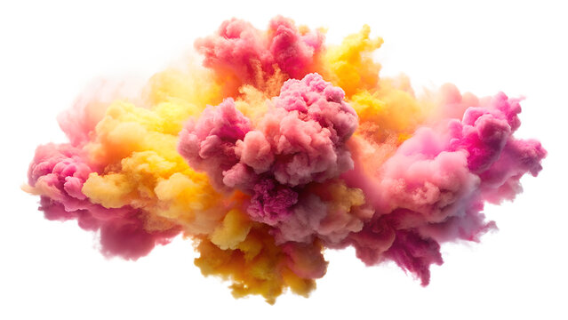 Vibrant explosion of pink and yellow smoke and powder creating a dynamic abstract cloud formation isolated on transparent background