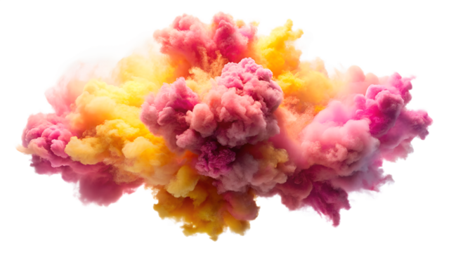 Vibrant explosion of pink and yellow smoke and powder creating a dynamic abstract cloud formation isolated on transparent background