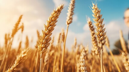 Golden wheat stalks stand tall in a sunlit field, capturing the beauty of agriculture, This image is ideal for topics on farming, sustainability, and nature's bounty,