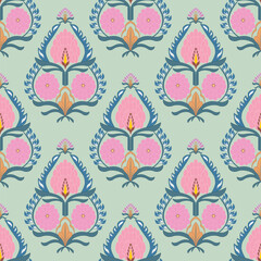 seamless floral pattern Symmetrical damask on mint: pink peony-like blooms framed by blue fronds and ochre accents form ogee medallions, creating a refined vintage wallpaper and fabric repeat.