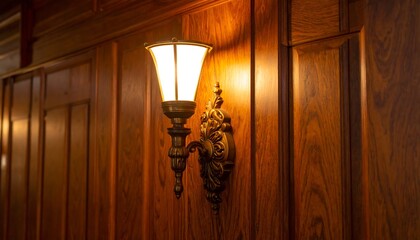 Antique wall sconce illuminates wooden paneling