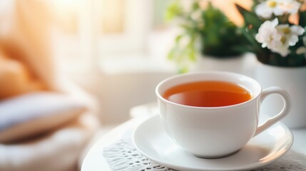 Relaxing moment with a steaming cup of tea beside blooming flowers in a cozy setting