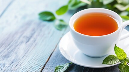 Warm cup of herbal tea resting on a wooden table surrounded by fresh mint leaves in a cozy setting