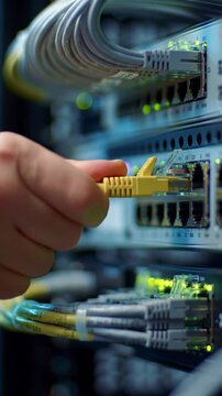 Ultra close-up macro video: a professional hand precisely connects a vibrant yellow Cat6 Ethernet cable to a sapphire-blue LED port on a sleek server rack in slow-motion, cool blue light illuminating