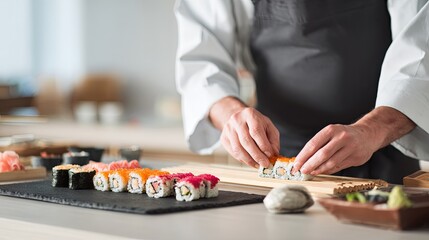 Fototapeta premium Chef Preparing Fresh Sushi Rolls in Restaurant Kitchen