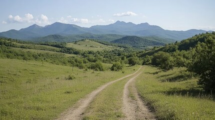 Fototapeta premium A scenic dirt road winding through lush green hills with majestic mountains in the background, perfect for travel blogs, nature magazines, or outdoor event promotions,