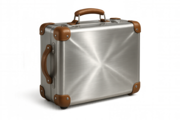Vintage metallic suitcase featuring brown leather straps, positioned on transparent backdrop, embodying classic travel nostalgia