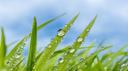 Fresh green grass glistens with dew drops under a clear blue sky, capturing the essence of nature's beauty and serenity, Ideal for themes of renewal, ecology, gardening, and environmental awareness,