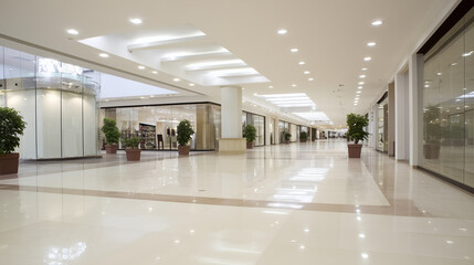 Modern shopping mall interior featuring a wide empty corridor with polished floors and soft lighting.
