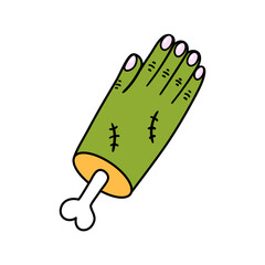 Creepy green monster hand with protruding bone and surgical stitch marks. Hand drawn vector illustration.
