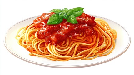 Spaghetti, marinara sauce, and basil leaves on white plate, detailed cartoon art