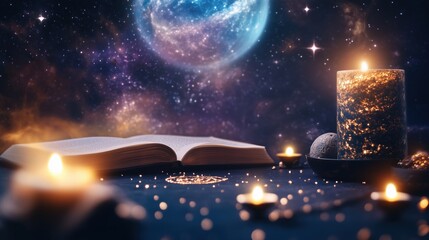 Enchanting celestial background with open book, candles, and mystical elements during the night