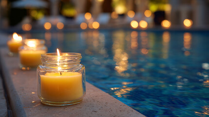 Scented candles are placed on the beach during sunset. Ai generate.	
