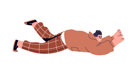 Man lying on ground after fall down. Unlucky clumsy fallen male character in awkward accident, slipping and stumbling. Failure and misfortune. Flat vector illustration isolated on white background