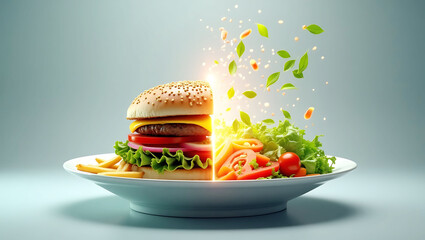Artistic 3D transformation concept, a plate split into two halves: one half with fast food fading away, the other half glowing with fresh colorful vegetables, grains, and greens, abstract light trails