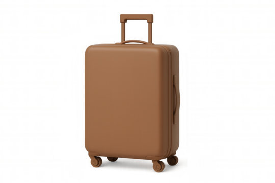 Brown rolling suitcase rendered in 3d, positioned against transparent backdrop, highlighting travel gear with clean, modern design