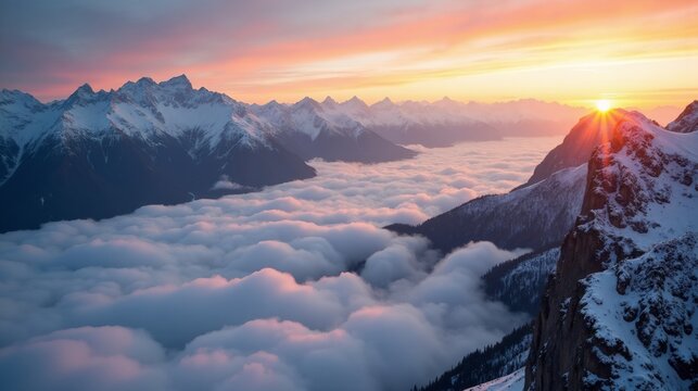 Majestic snow-capped mountains above a sea of clouds at vibrant sunrise - Powered by Adobe