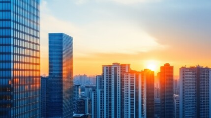 Fototapeta premium A vibrant city skyline at sunset showcases glass buildings reflecting warm hues, perfect for real estate, architecture, or urban lifestyle themes, Captures the essence of modern city living,