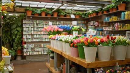 Blurry image of a vibrant flower shop display with colorful tulips in white pots, under soft bokeh lighting, showcasing a lush florist environment with shelves of plants. © Krakenimages.com