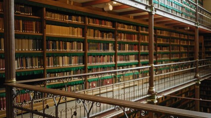 Historic library interior showcasing old books on shelves, with ornate railing and defocused vintage atmosphere enhancing the timeless academic ambiance.