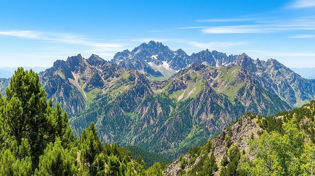 A stunning panoramic view of rugged mountains under a clear blue sky, showcasing lush greenery and rocky peaks, perfect for travel brochures, nature blogs, or outdoor adventure promotions,