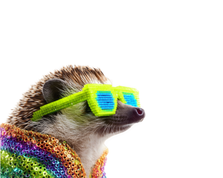 A hedgehog wearing neon pixel glasses and sparkling glamorous clothes in a striking front view