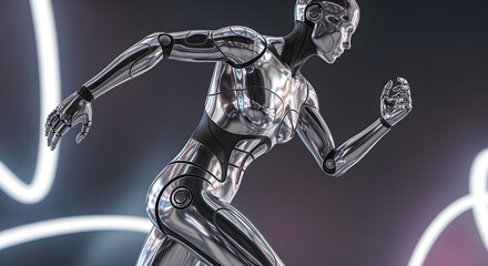A dynamic pose of a sleek Android body with a polished metallic surface, showcasing futuristic design and innovation.