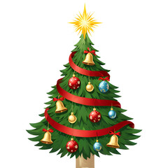 Beautifully decorated Christmas tree with ornaments, golden bells, red ribbons and a glowing star on top, isolated on a white background, digital vector illustration