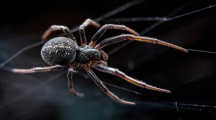 Spider suspends in its web, legs outstretched against a blurred dark backdrop