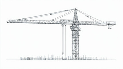 Tower crane used in construction. White background with vector line art