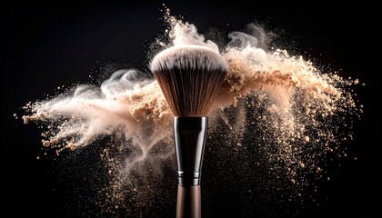 Dynamic explosion of cosmetic face powder from a makeup brush against a dramatic black background, perfect for beauty concepts.