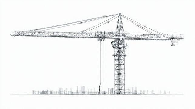 Tower crane used in construction. White background with vector line art