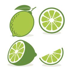 Lime fruits with slices and leaves on white background, Lime whole, half and slice vector illustration. Green citrus set icons