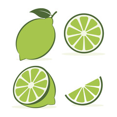 Lime fruits with slices and leaves on white background, Lime whole, half and slice vector illustration. Green citrus set icons