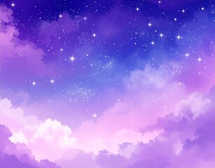 Dreamy celestial night sky with glowing nebula and stars above a sea of vibrant purple and pink clouds.